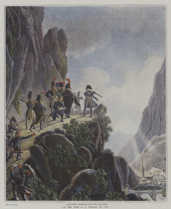 Napoleon undersøger Fort Bard, Italien, 23. maj 1800 (farve litho) af Dominique Vivant (after) Denon