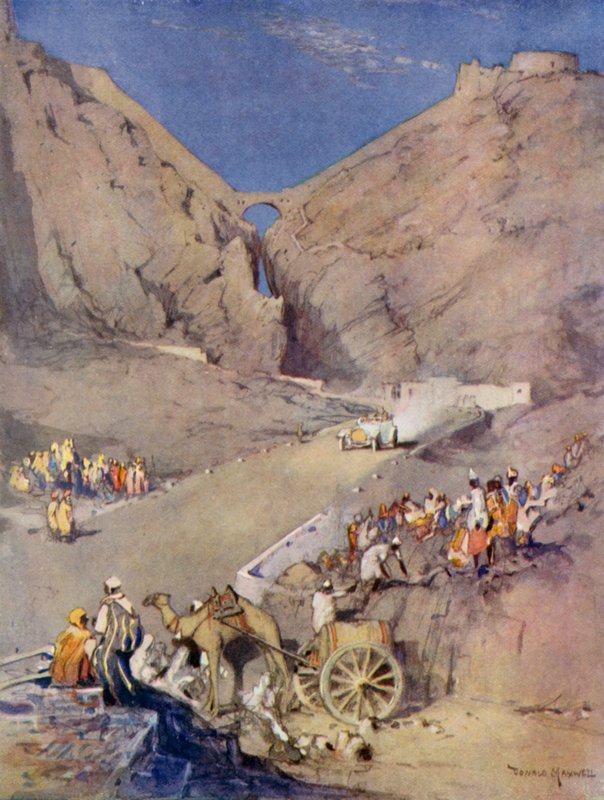 Ankomst af prinsens hvide bil gennem den mærkelige kløft, Aden (farvelitografi) af Donald (after) Maxwell
