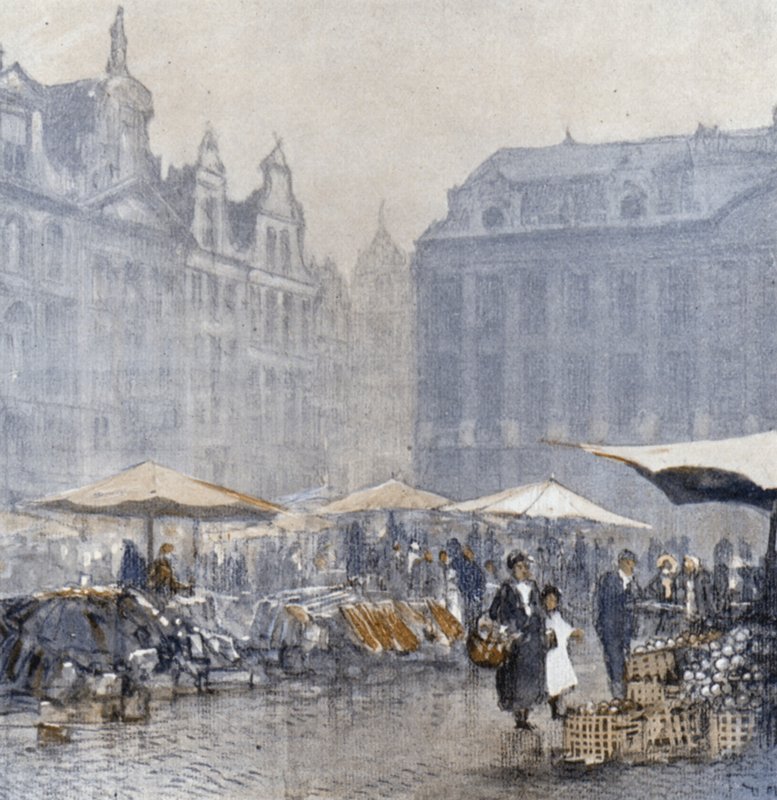 Bruxelles tidligt om morgenen (farve litho) af Donald (after) Maxwell