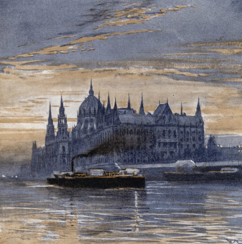 Buda-pest og dets parlamentshus (farve litho) af Donald (after) Maxwell