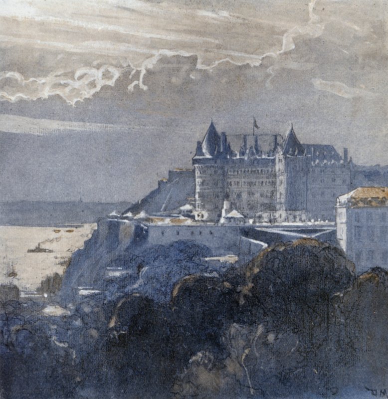 Quebec og Chateau Frontenac (farve litho) af Donald (after) Maxwell