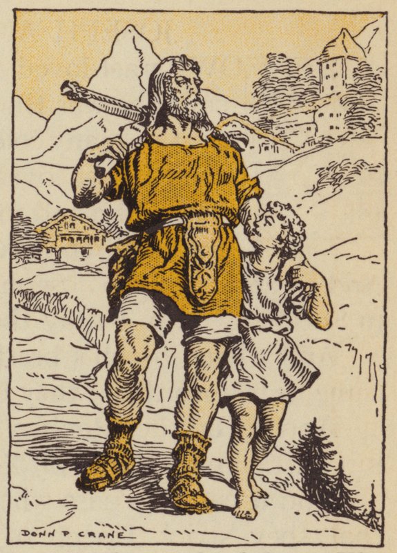 William Tell og hans søn (farve litho) af Donn P. Crane