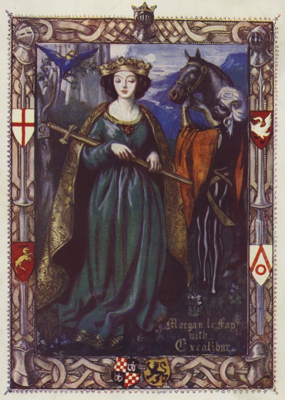 Morgan Le Fay med Excalibur af Dora Curtis