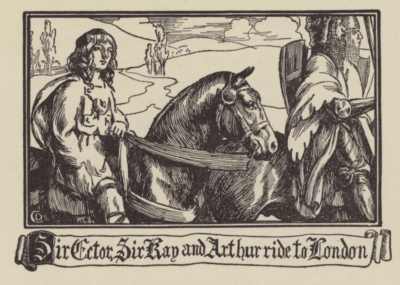 Sir Ector, Sir Kay og Arthur rider til London af Dora Curtis