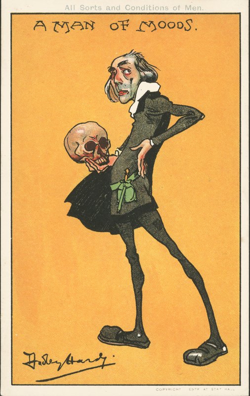 A Man of Moods: Shakespeares karakter, Hamlet, med Yoricks kranium (farve litho) af Dudley Hardy