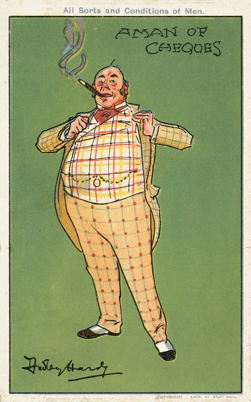 En mand med checks: en tyk velhavende mand iført et ternet jakkesæt (chromolitho) af Dudley Hardy