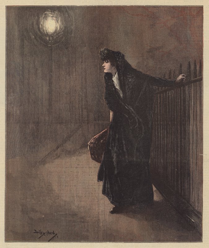 Carrie rystede, da hun klyngede sig til det rimfrosne rækværk (farve litho) af Dudley Hardy