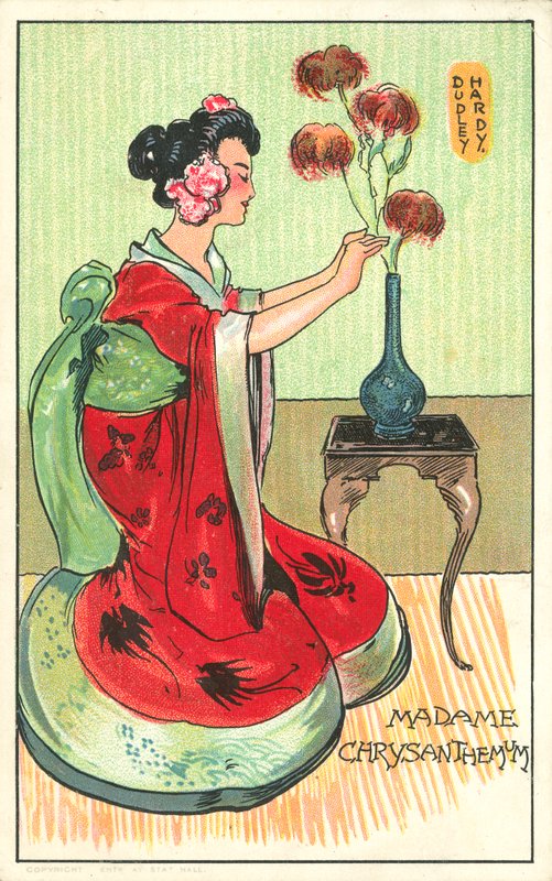Madame Chrysanthemum, fra romanen af Pierre Loti (farve litho) af Dudley Hardy