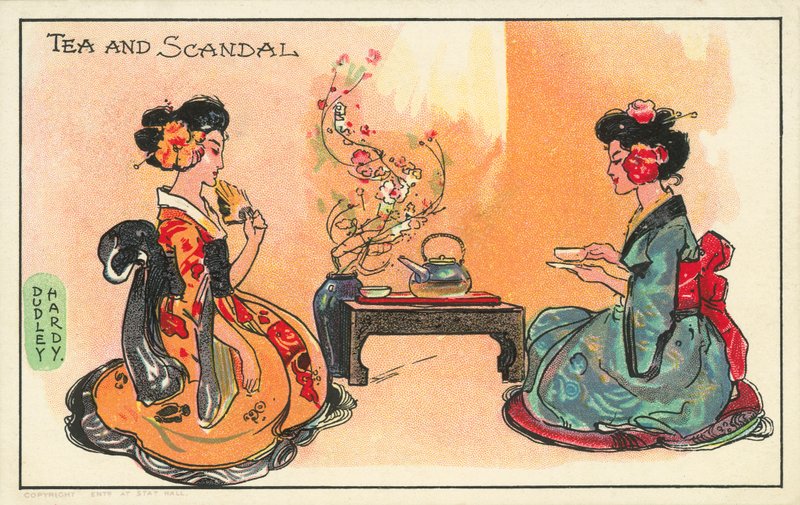 Te og skandale: to japanske kvinder drikker te (farve litho) af Dudley Hardy