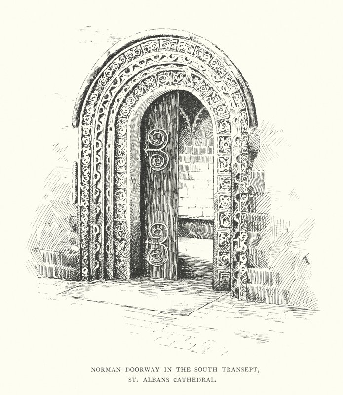 Normannisk døråbning i det sydlige tværskib, St Albans Cathedral (litografi) af Duncan Moul