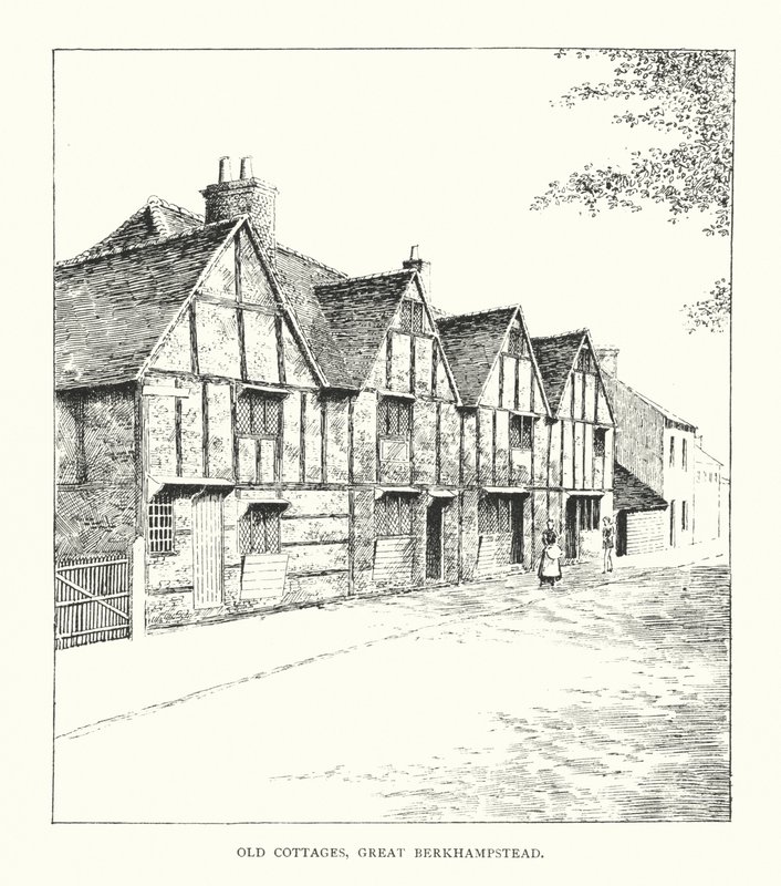 Old Cottages, Great Berkhampstead (litografi) af Duncan Moul