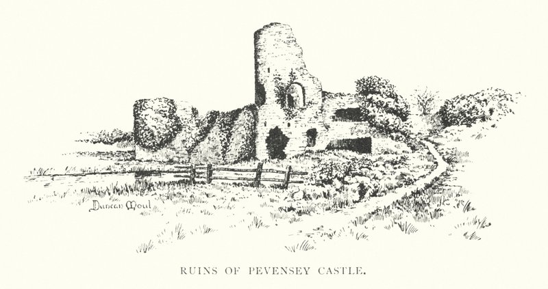 Ruinerne af Pevensey Castle (litografi) af Duncan Moul