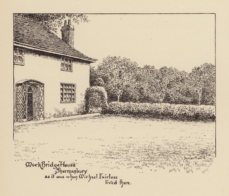 Sussex: Mock Bridge House, Shermanbury, som det så ud, da Michael Fairless boede der (litografi) af Duncan Moul