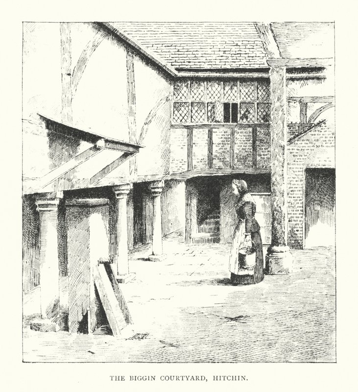The Biggin Courtyard, Hitchin (litografi) af Duncan Moul