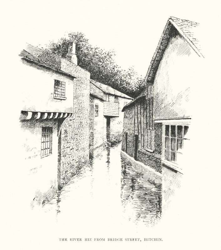 Floden Hiz fra Bridge Street, Hitchin (litografi) af Duncan Moul