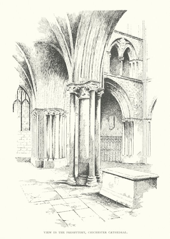 Udsigt i præstegården, Chichester Cathedral (litografi) af Duncan Moul