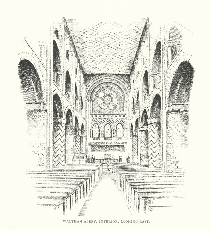 Waltham Abbey, interiør, set mod øst (litografi) af Duncan Moul