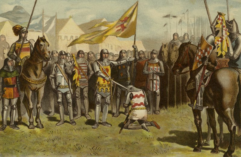 A soldier being knighted, 14th Century  af Dutch School
