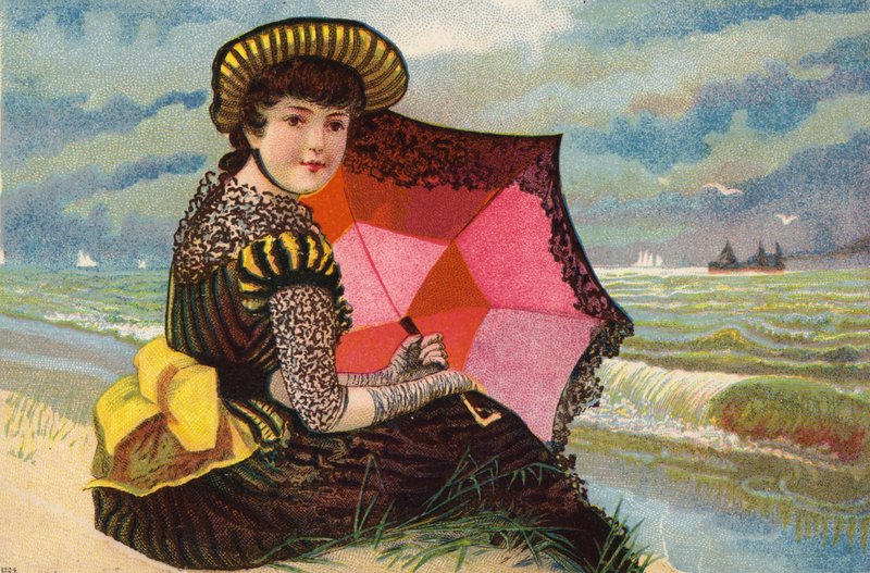 Hollandsk pige med parasol ved havet af Dutch School