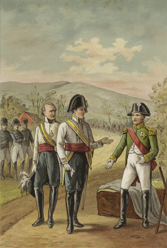 Møde mellem Napoleon og kejser Frans II af Østrig efter slaget ved Austerlitz, 1805 af Dutch School