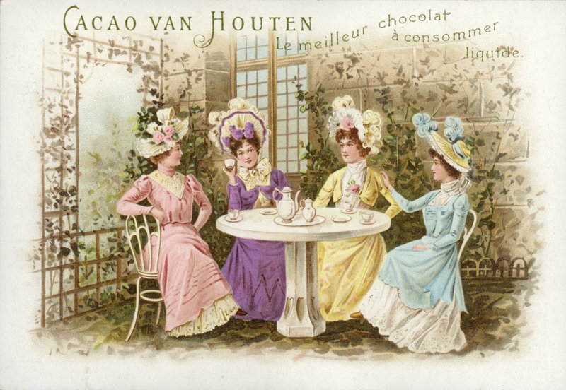 Kvinder i haven, drikker chokolade af Dutch School