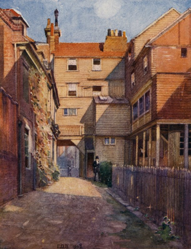 Eton: The Old Christopher Yard (farve litho) af E. D. Brinton