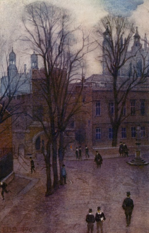 Eton: Upper School og Long Walk fra Common Lane House (farve litho) af E. D. Brinton