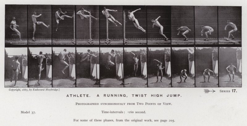 Den menneskelige figur i bevægelse: atlet, et løbende, drejehøjdespring (s/h-billede) af Eadweard Muybridge