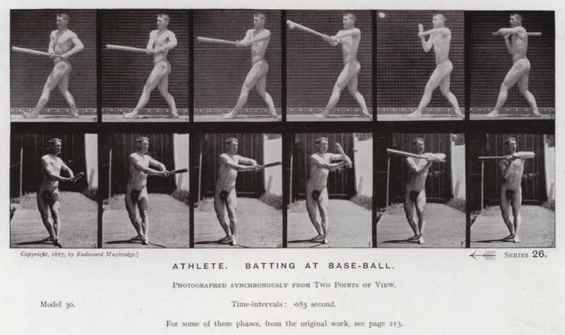 Den menneskelige figur i bevægelse: Atlet, der slår på baseball (s/h-billede) af Eadweard Muybridge