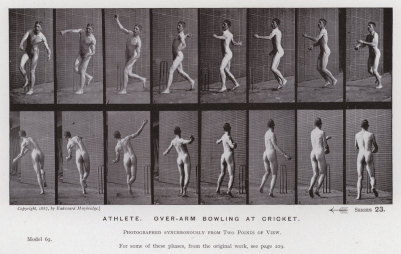 The Human Figure in Motion: Atlet, bowling over armen ved cricket (s/h-billede) af Eadweard Muybridge