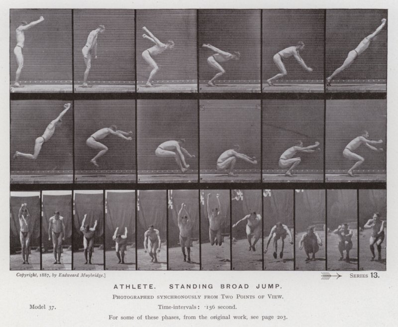 Den menneskelige figur i bevægelse: Atlet, stående bredspring (s/h-billede) af Eadweard Muybridge