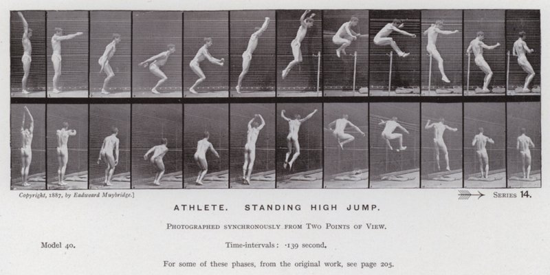 Den menneskelige figur i bevægelse: Atlet, stående højdespring af Eadweard Muybridge