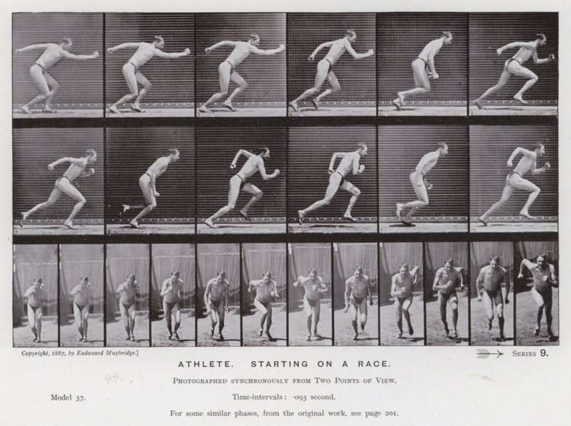 Den menneskelige figur i bevægelse: Atlet, der starter på et løb (s/h-billede) af Eadweard Muybridge