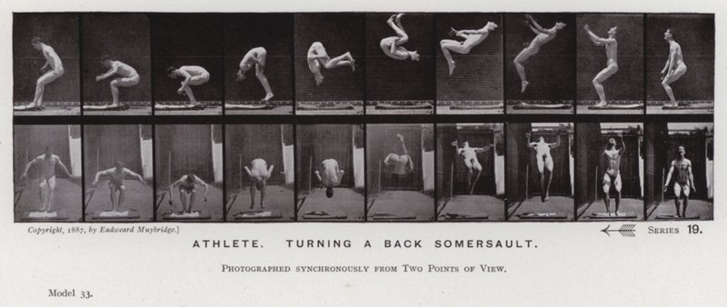 Den menneskelige figur i bevægelse: Atlet, der vender en salto (s/h-billede) af Eadweard Muybridge