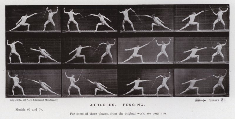 Den menneskelige figur i bevægelse: atleter, fægtning (s/h-billede) af Eadweard Muybridge