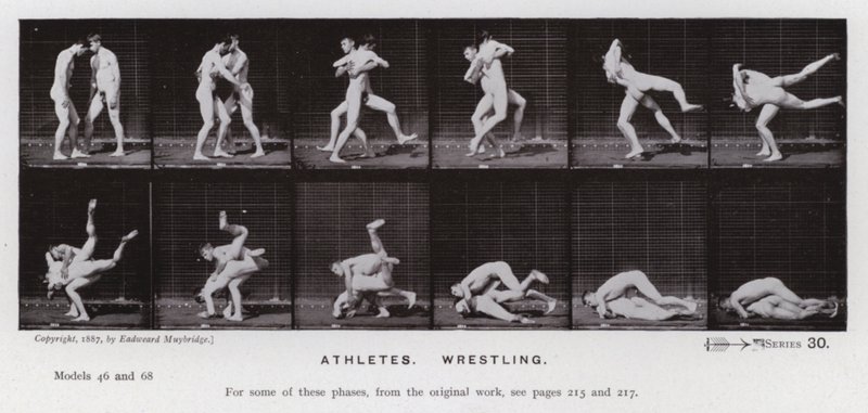 Den menneskelige figur i bevægelse: atleter, brydning (s/h-billede) af Eadweard Muybridge
