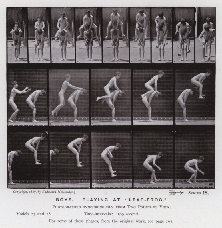 The Human Figure in Motion: Boys, spiller på "Leap-Frog" (s/h-foto) af Eadweard Muybridge