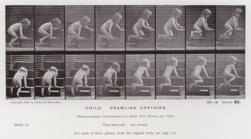 Den menneskelige figur i bevægelse: Barn, kravler ovenpå (s/h-billede) af Eadweard Muybridge