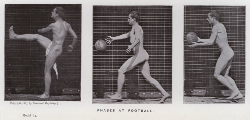 Den menneskelige figur i bevægelse: faser ved fodbold (s/h foto) af Eadweard Muybridge
