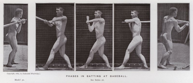 Den menneskelige figur i bevægelse: Faser i batting ved baseball (s/h-billede) af Eadweard Muybridge