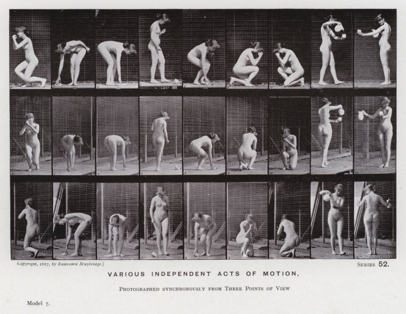 Den menneskelige figur i bevægelse: Forskellige uafhængige bevægelseshandlinger (s/h foto) af Eadweard Muybridge