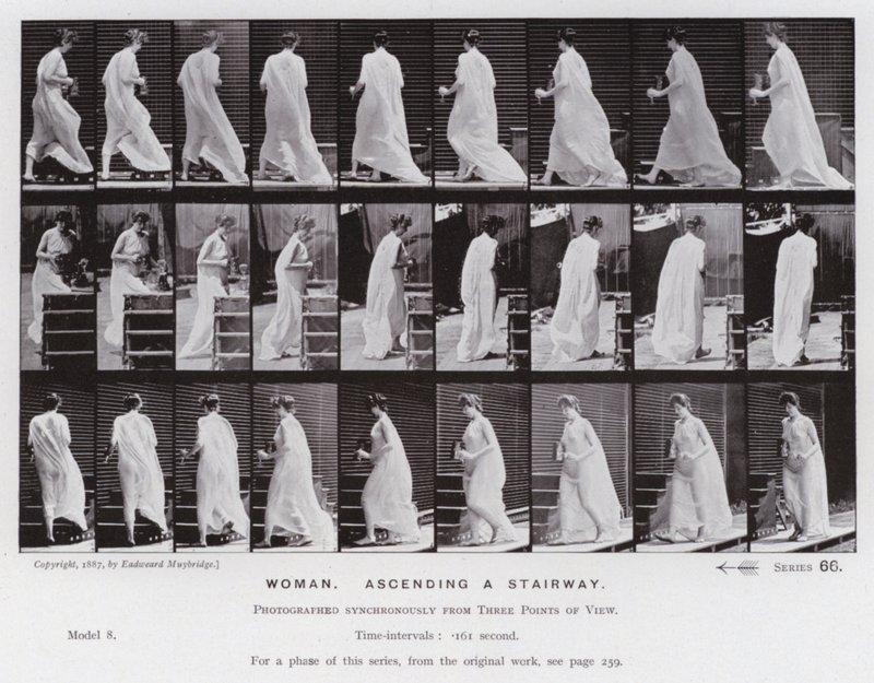 Den menneskelige figur i bevægelse: kvinde, der går op ad en trappe (s/h foto) af Eadweard Muybridge