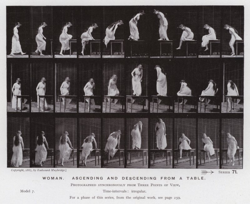 Den menneskelige figur i bevægelse: kvinde, stiger op og ned fra et bord (s/h foto) af Eadweard Muybridge