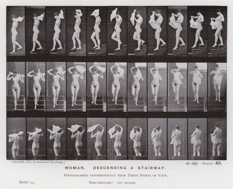 Den menneskelige figur i bevægelse: kvinde, der går ned ad en trappe (s/h foto) af Eadweard Muybridge