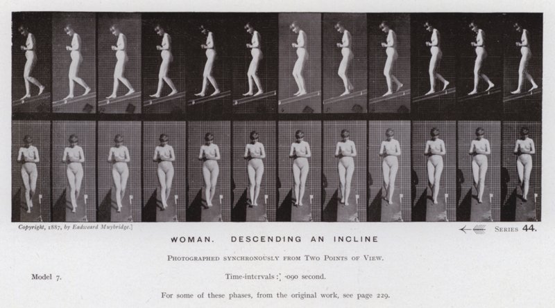 Den menneskelige figur i bevægelse: kvinde, der går ned ad en skråning (s/h foto) af Eadweard Muybridge