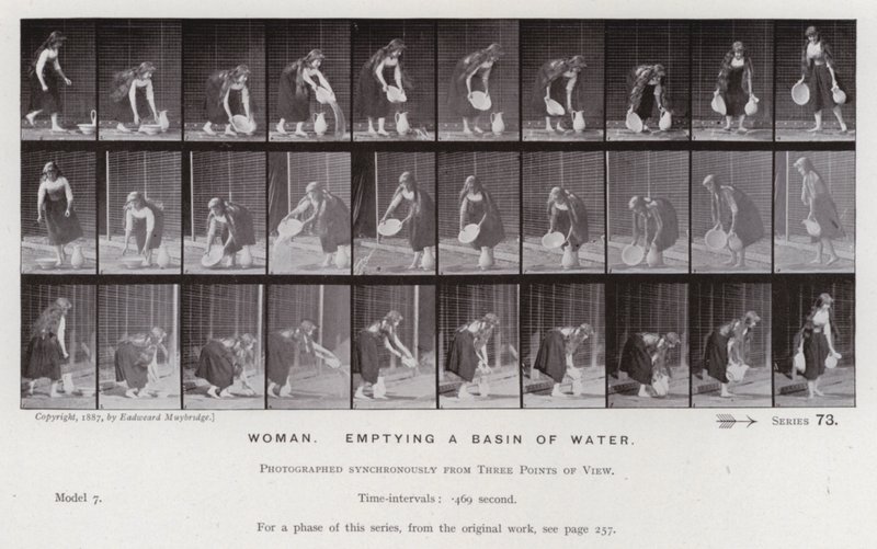 Den menneskelige figur i bevægelse: Kvinde, der tømmer et bassin for vand (s/h-billede) af Eadweard Muybridge