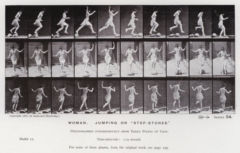 Den menneskelige figur i bevægelse: Kvinde, der hopper på "trinsten" (s/h-foto) af Eadweard Muybridge