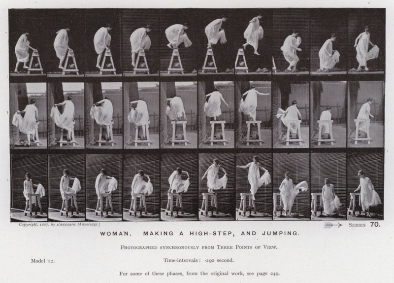 Den menneskelige figur i bevægelse: Kvinde, der laver et højt skridt og hopper (s/h-billede) af Eadweard Muybridge