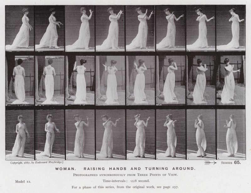 Den menneskelige figur i bevægelse: Kvinde, der rækker hænder op og vender sig om (s/h-billede) af Eadweard Muybridge