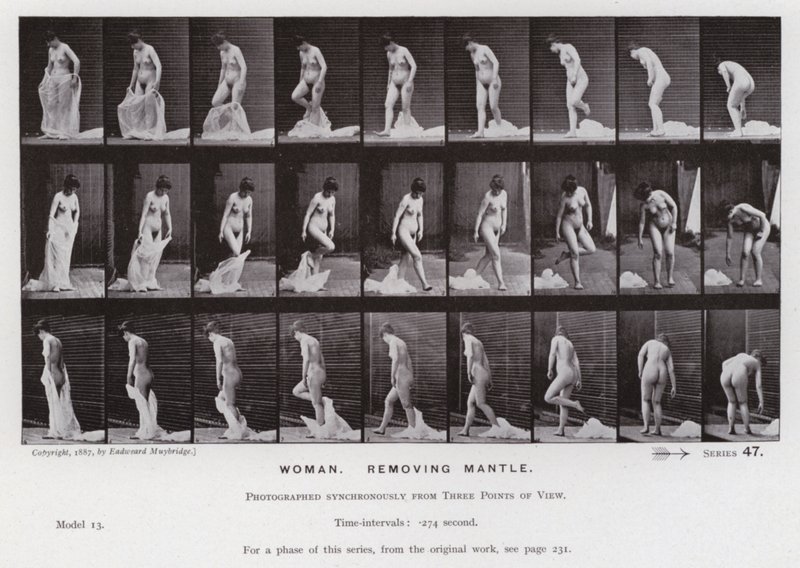 Den menneskelige figur i bevægelse: kvinde, der fjerner kappen (s/h-billede) af Eadweard Muybridge